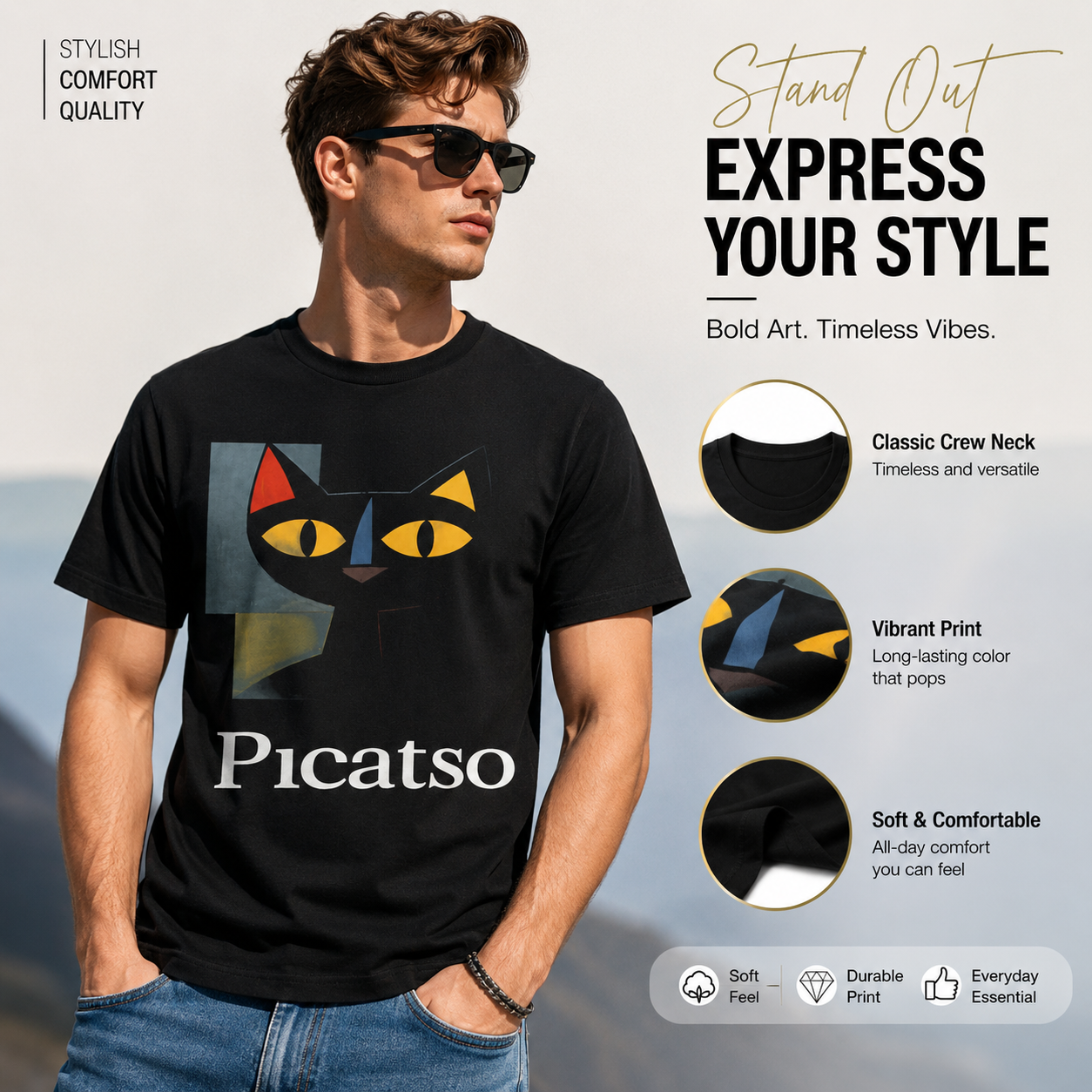 Picatso Funny Cat Art Graphic T-Shirt Cubist Parody Design Tee for Men