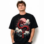 Japanese Dragon Rising Sun Kanji Graphic T-Shirt Samurai Style Tee