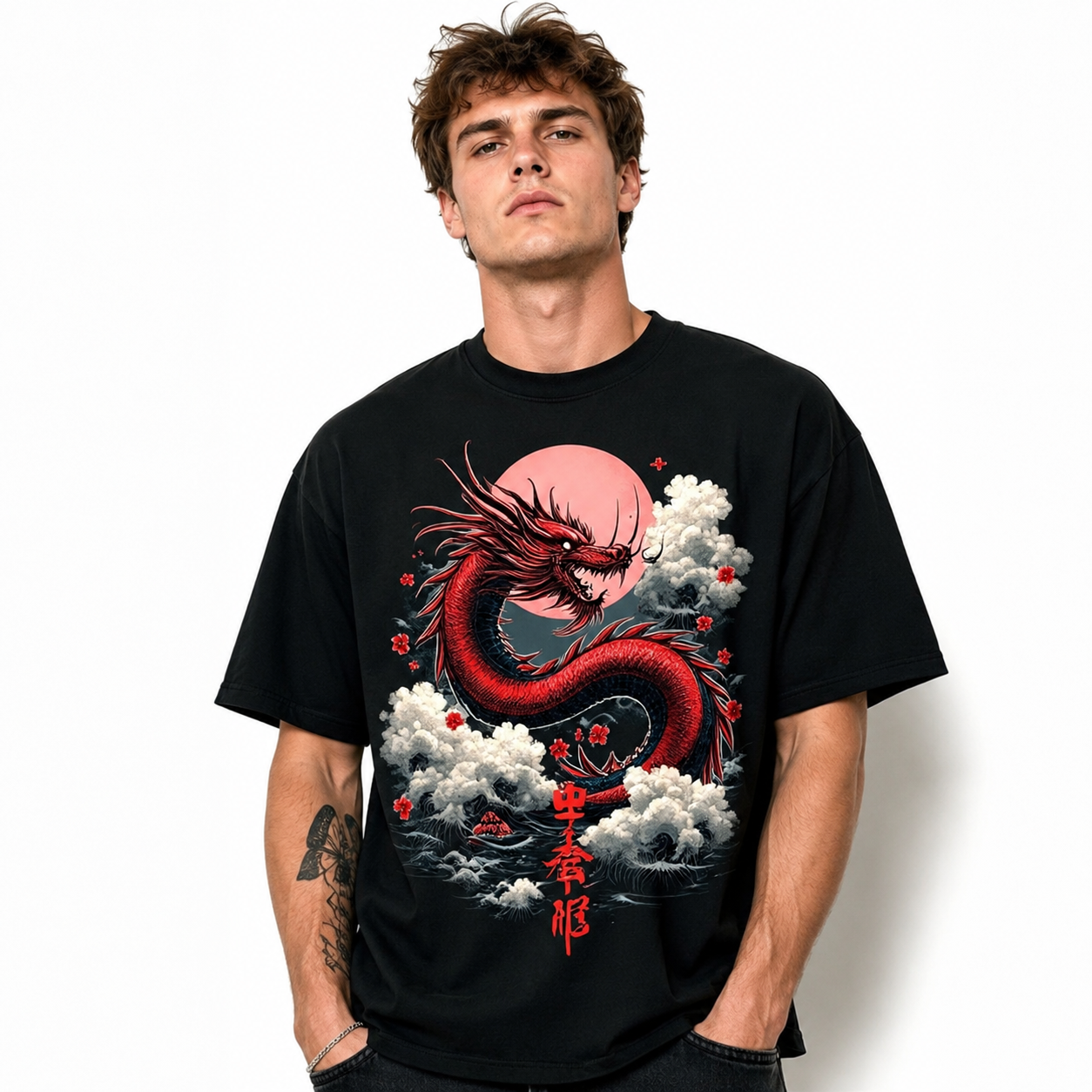 Japanese Dragon Rising Sun Kanji Graphic T-Shirt Samurai Style Tee