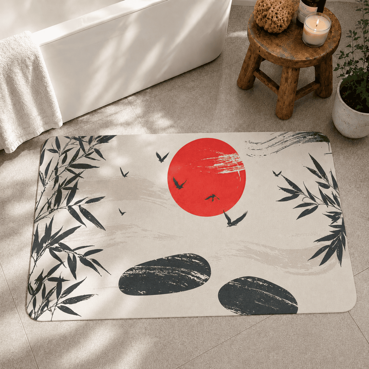 Japanese Full Moon Bamboo Bath Mat Quick Dry Super Absorbent Non Slip