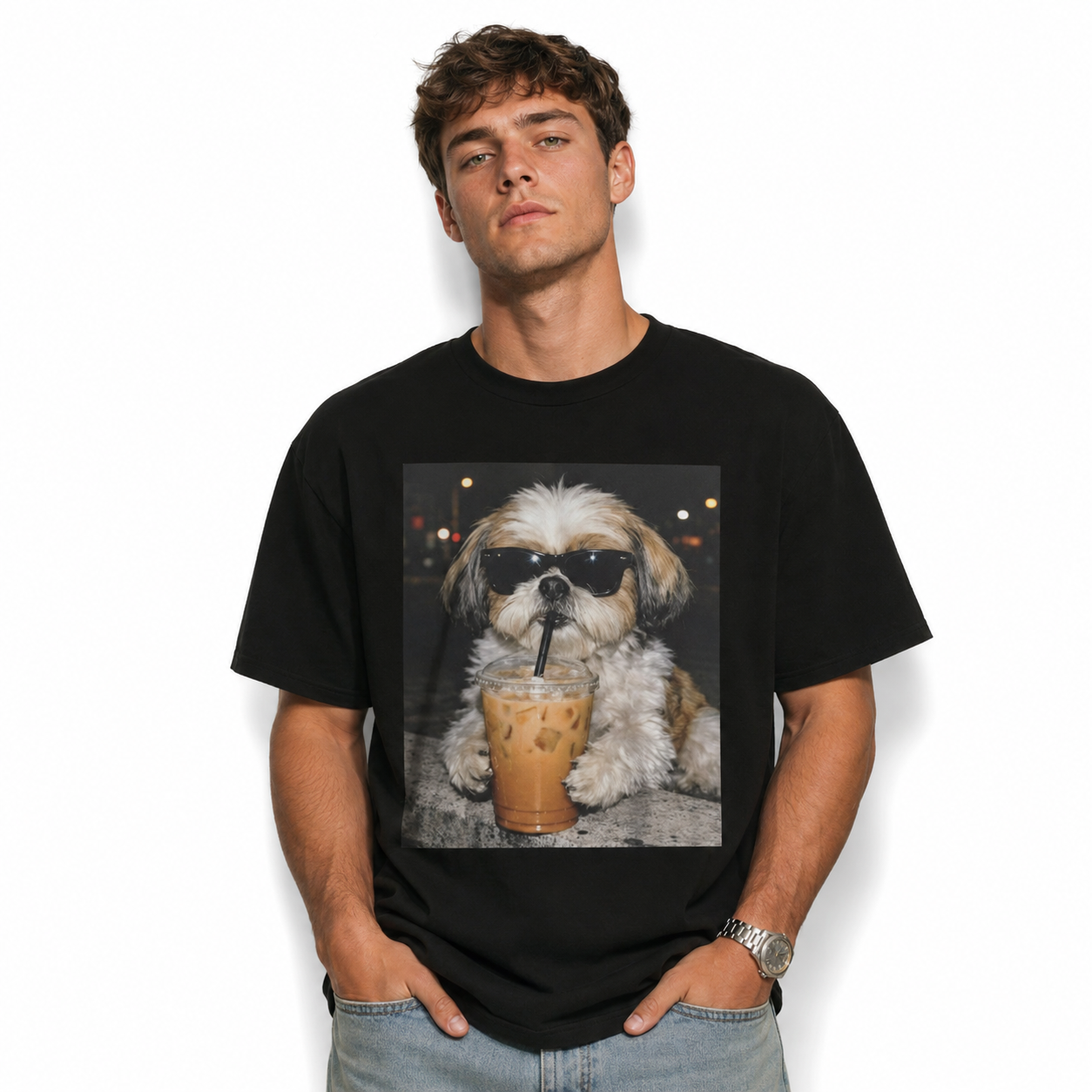 Funny Cool Shih Tzu Iced Coffee Graphic T-Shirt Dog Lover Casual Street Tee