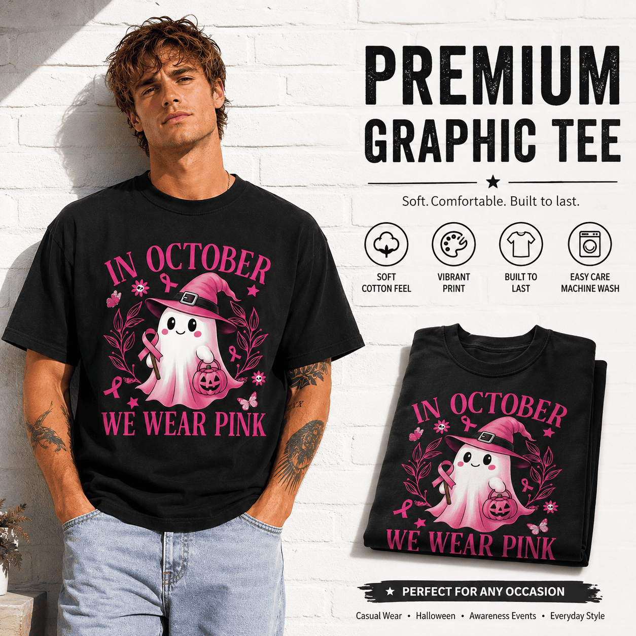 In October We Wear Pink Ghost Halloween Breast Cancer Awareness Men's T-Shirt