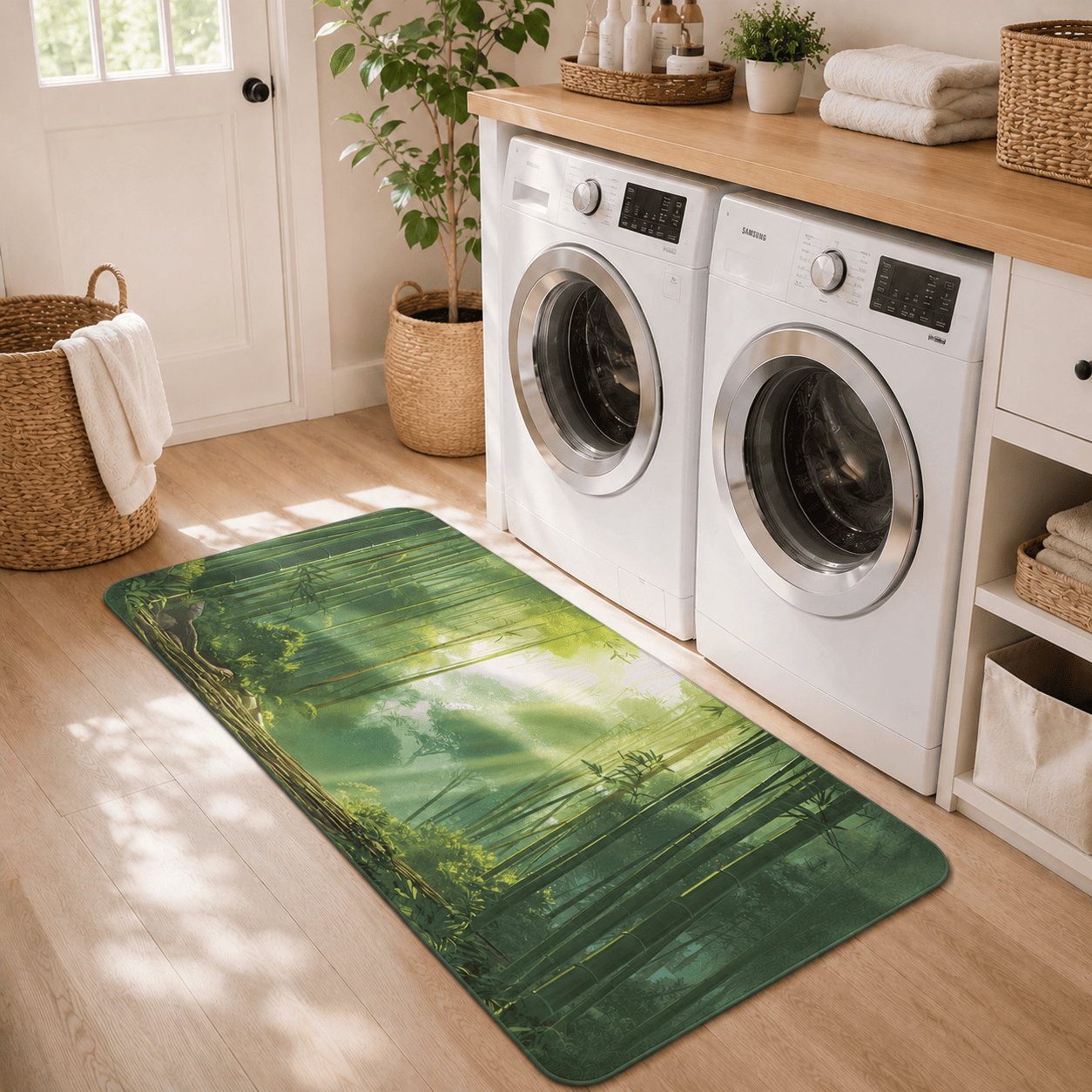 Bamboo Forest Kitchen Mat Quick Dry Super Absorbent Non Slip Sunlit Anime Scene