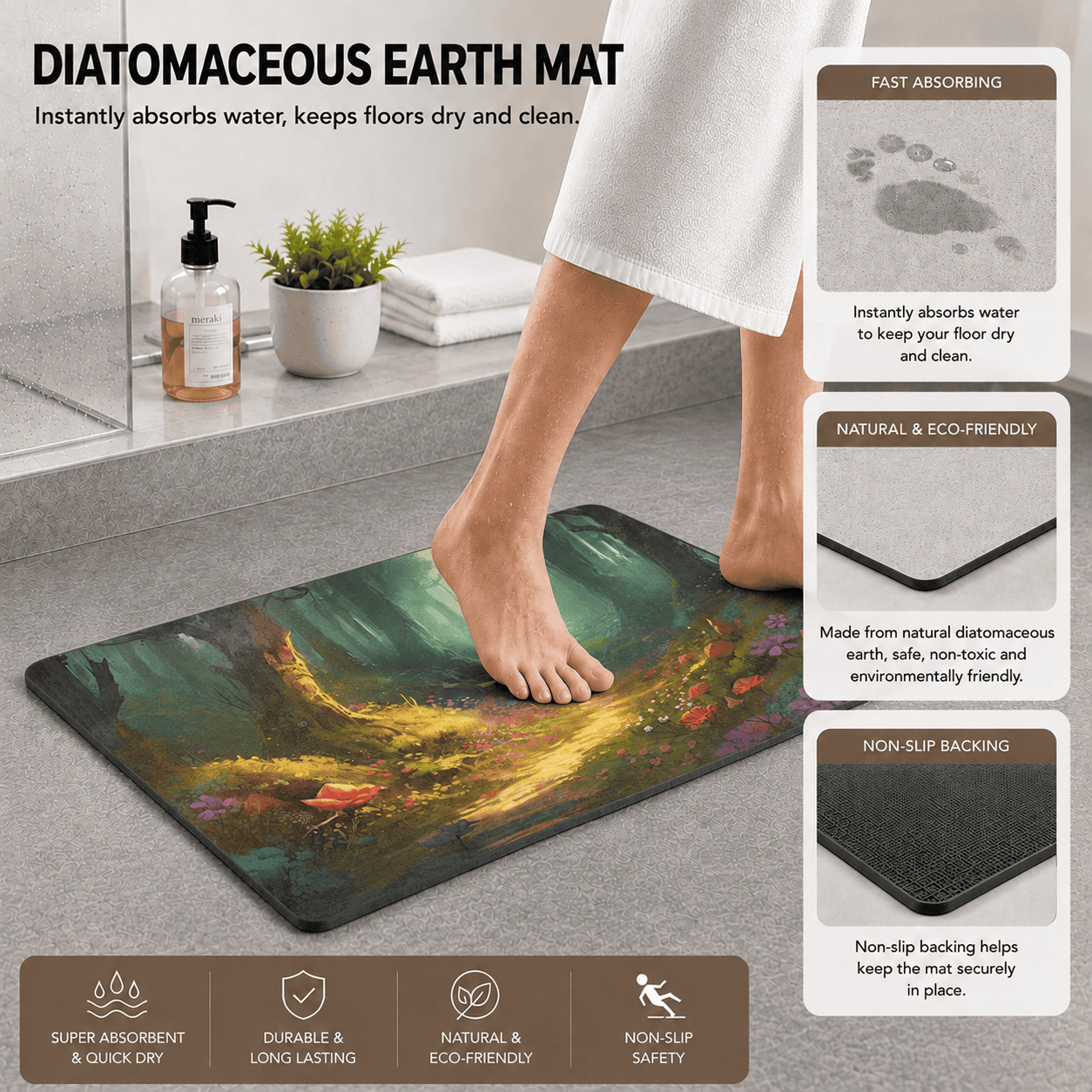 Enchanted Forest Door Mat Quick Dry Super Absorbent Non Slip Fairy Tale Decor