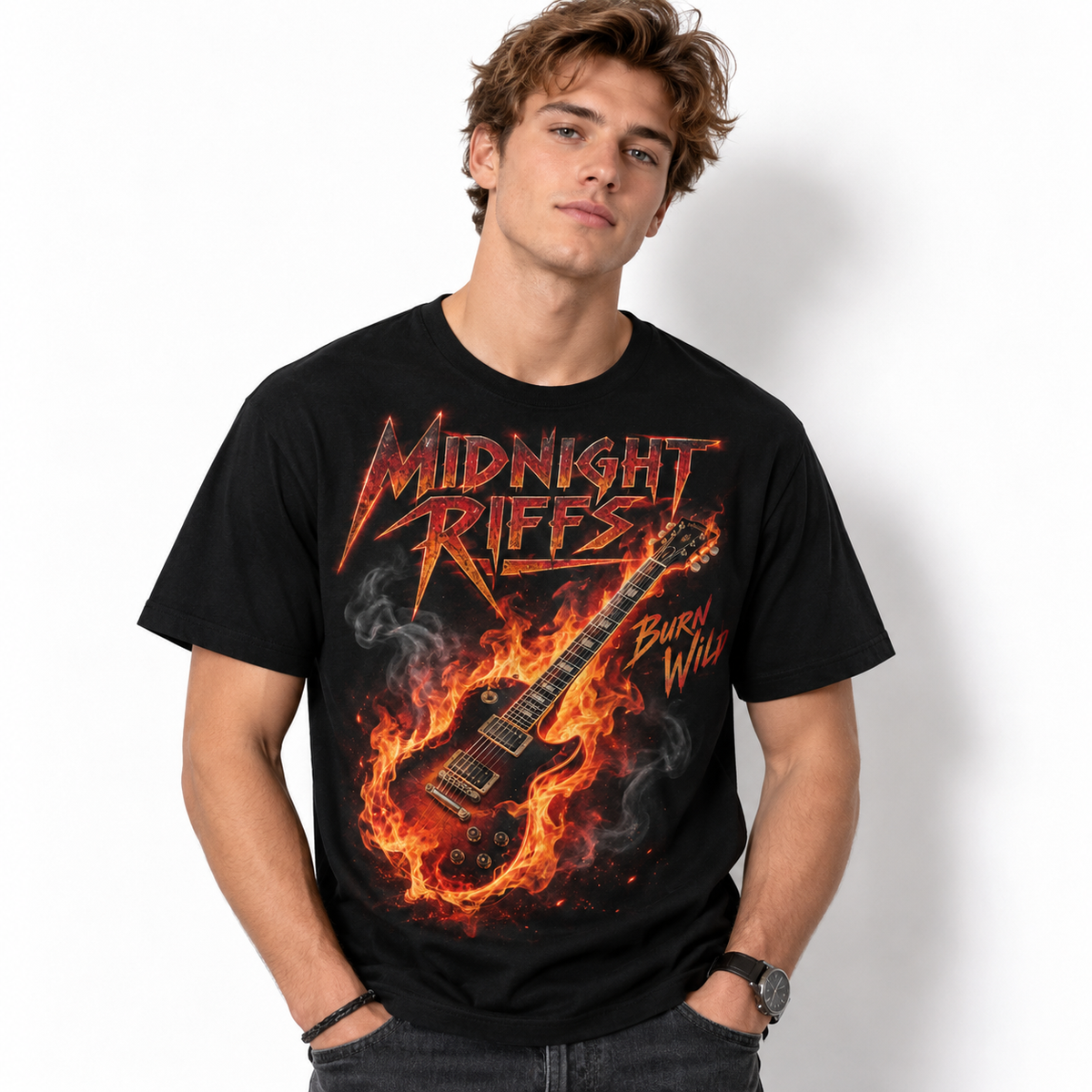 Midnight Riffs Flaming Guitar Heavy Metal Rock Men's Graphic T-Shirt