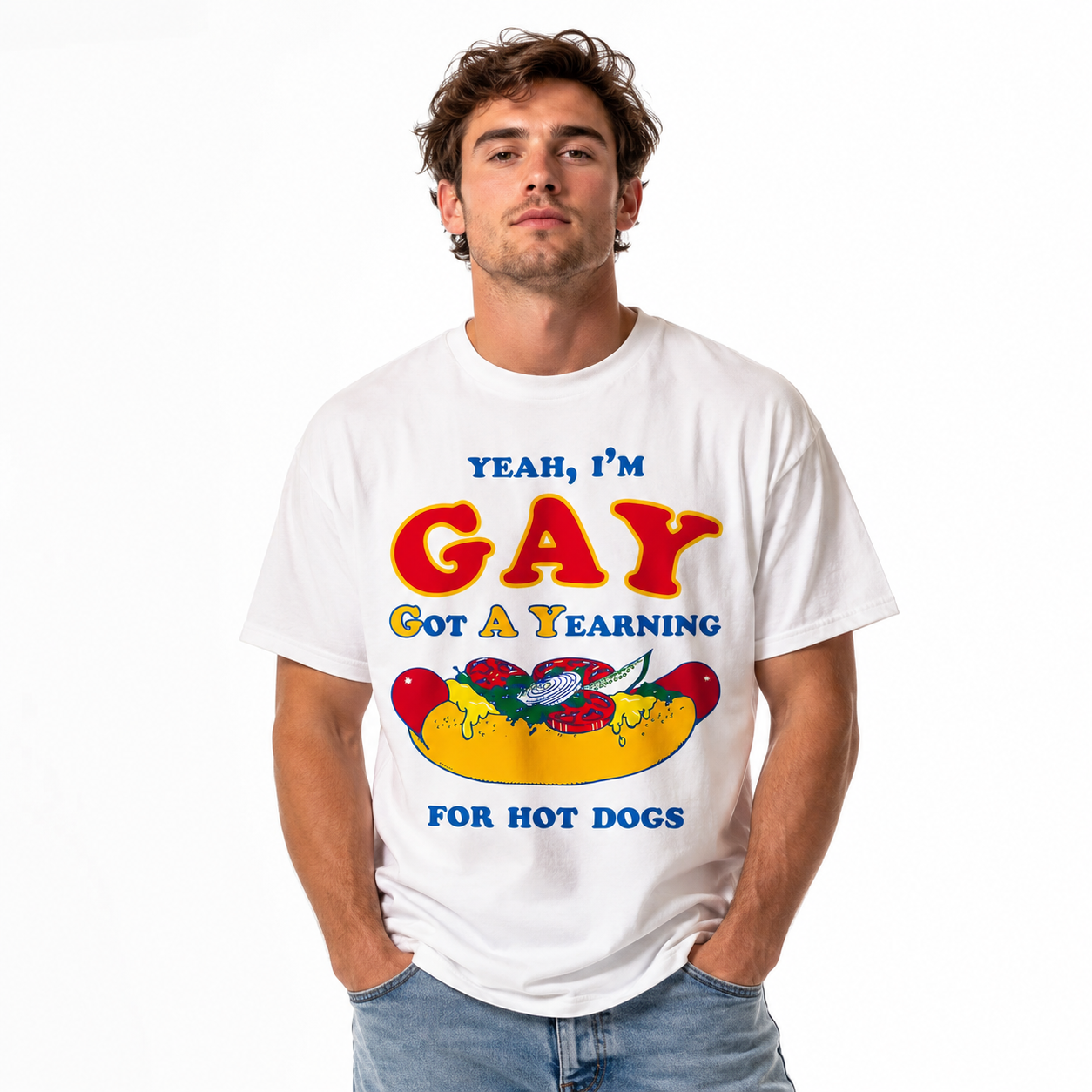 Funny Yeah I'm Gay Hot Dog Humor Meme Graphic T-Shirt for Men