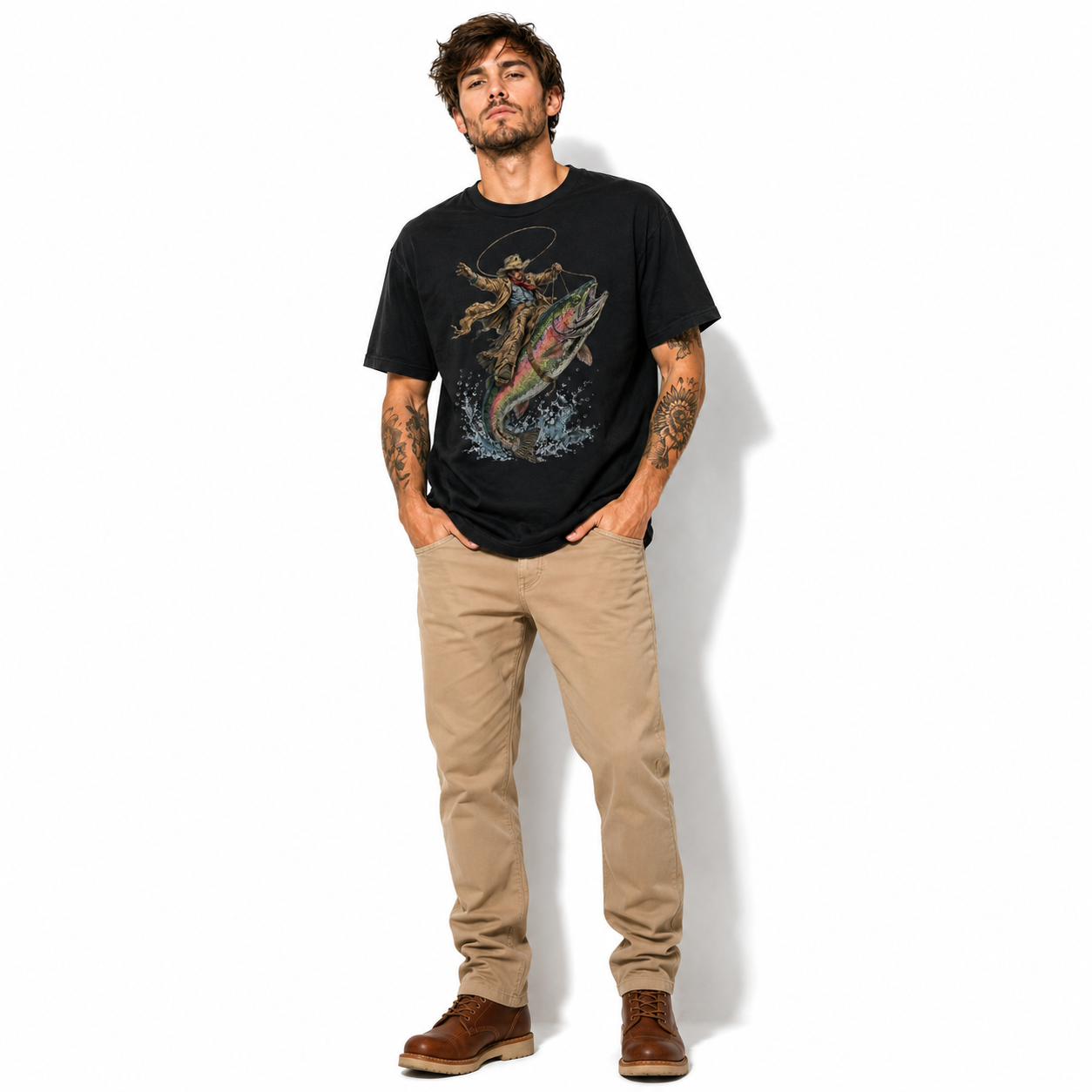 Cowboy Riding Rainbow Trout Funny Fishing Graphic T Shirt Western Angler Gift