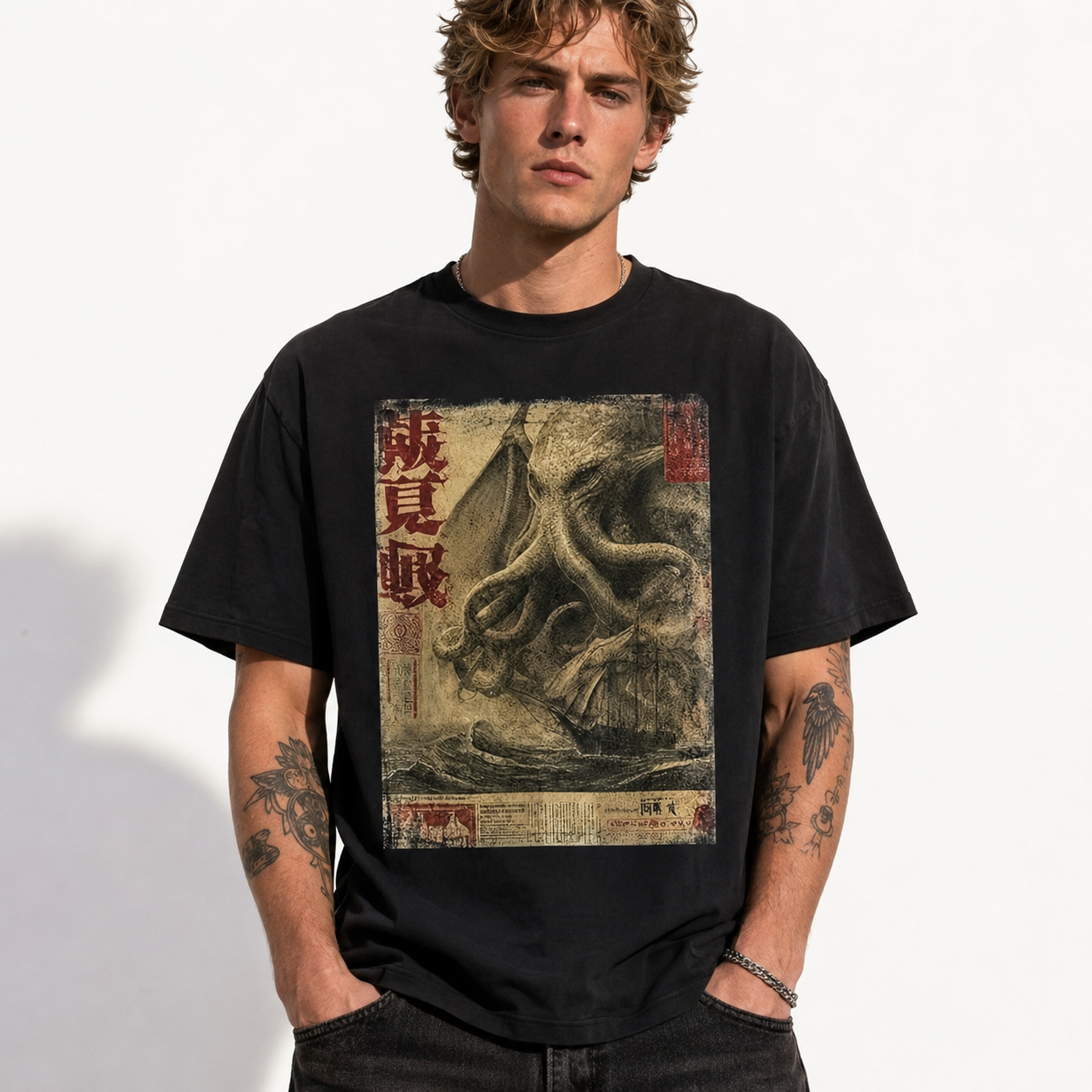 Cthulhu Kraken Japanese Sea Monster T-Shirt Retro Kanji Horror Graphic Tee