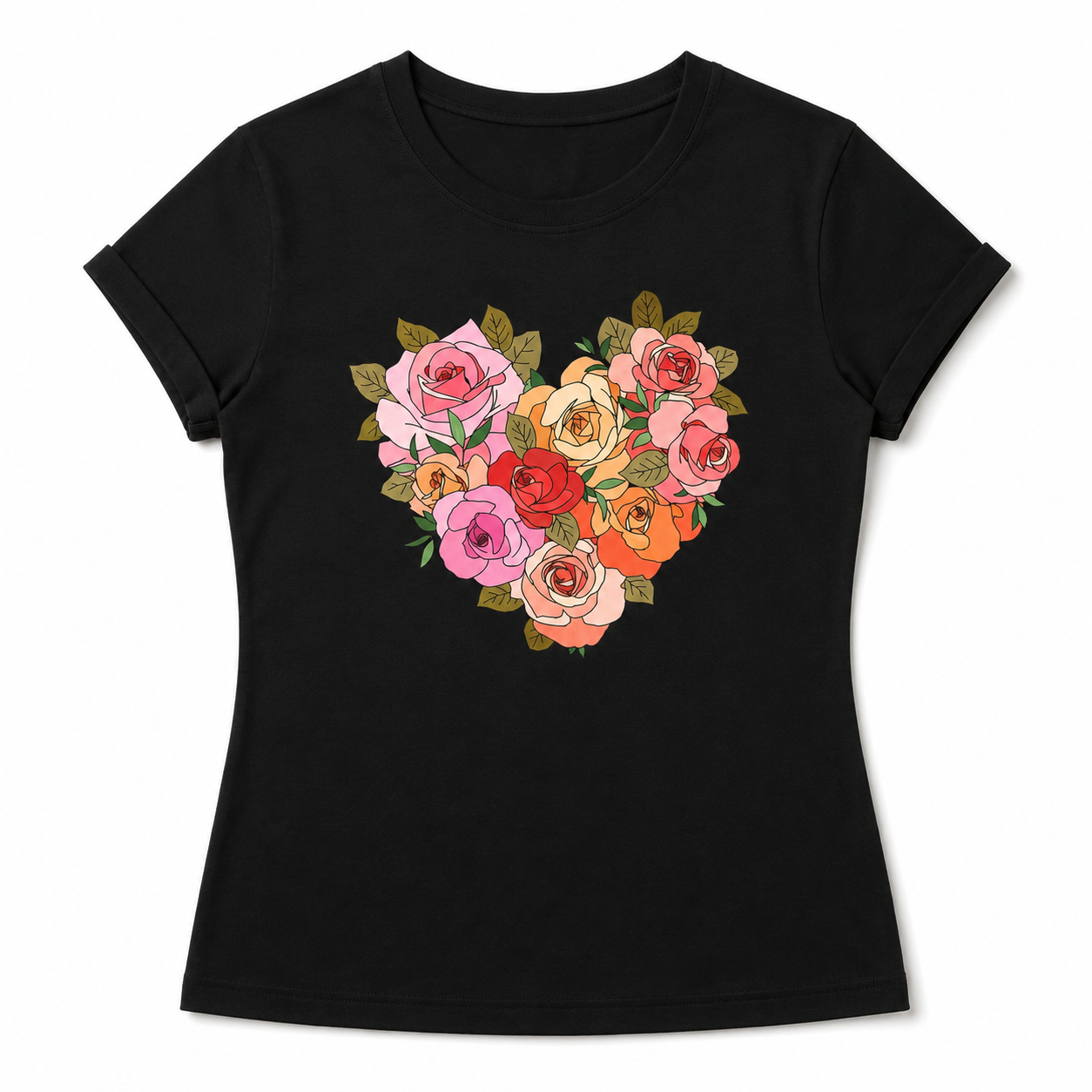 Women Vintage Floral Heart Graphic T-Shirt Rose Flower Casual Crew Neck Tee Top