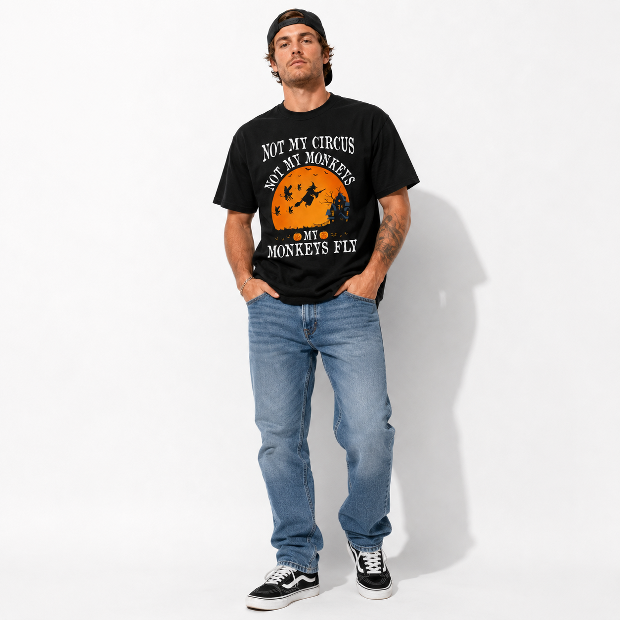 Not My Circus My Monkeys Fly Funny Witch Halloween Graphic Men's T-Shirt
