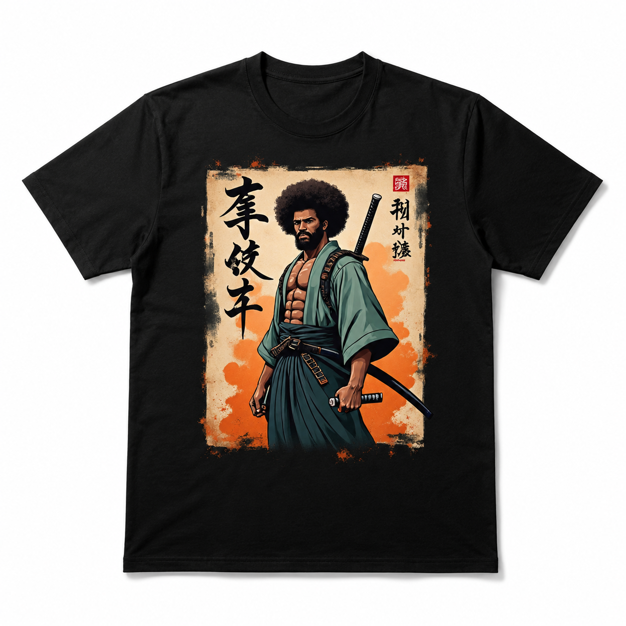 Retro African Samurai Graphic T-Shirt Japanese Warrior Streetwear Casual Tee
