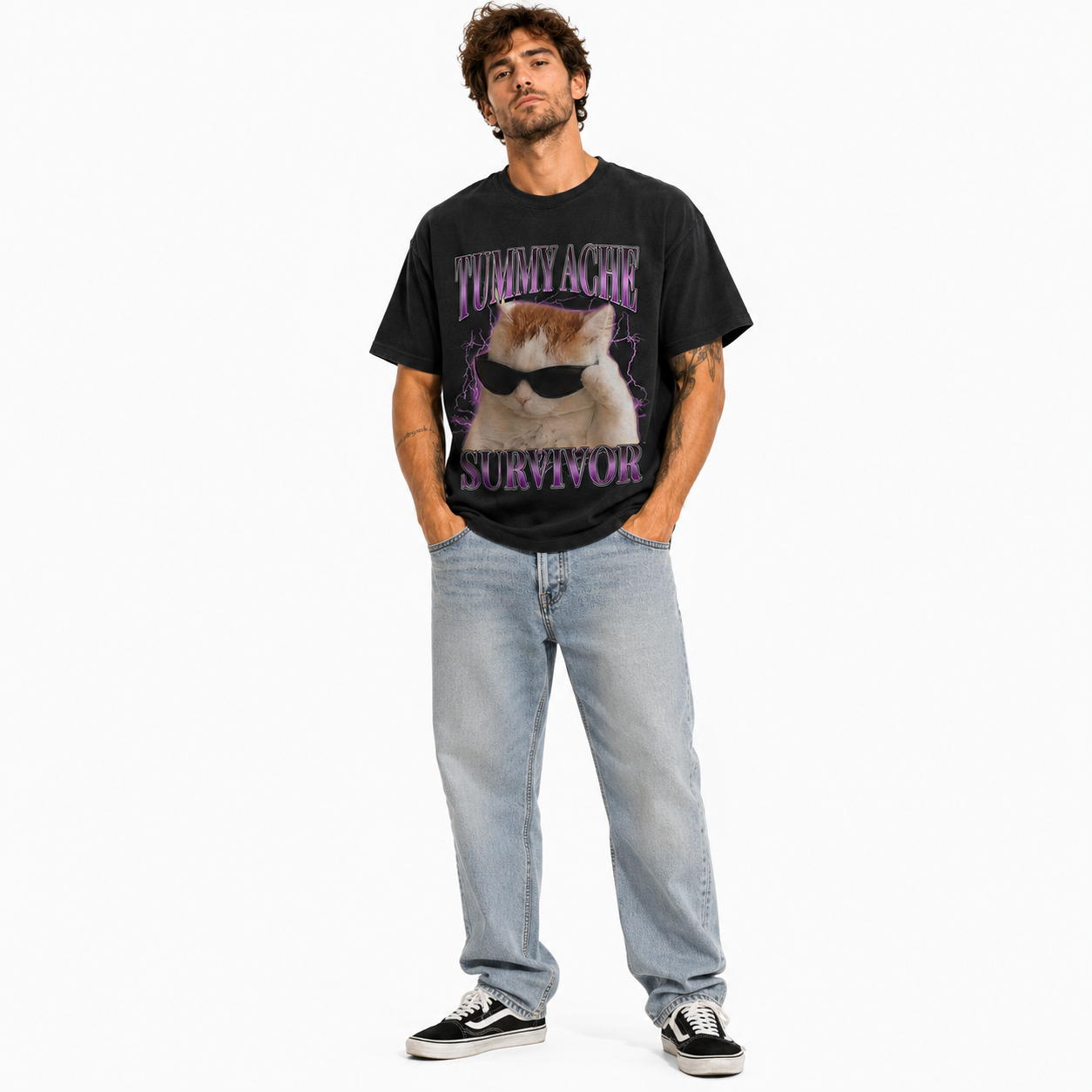 Funny Tummy Ache Survivor Cat Graphic T-Shirt Meme Tee for Men