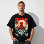 Japanese Octopus Wave Sun T Shirt Anime Style Graphic Travel Casual Tee
