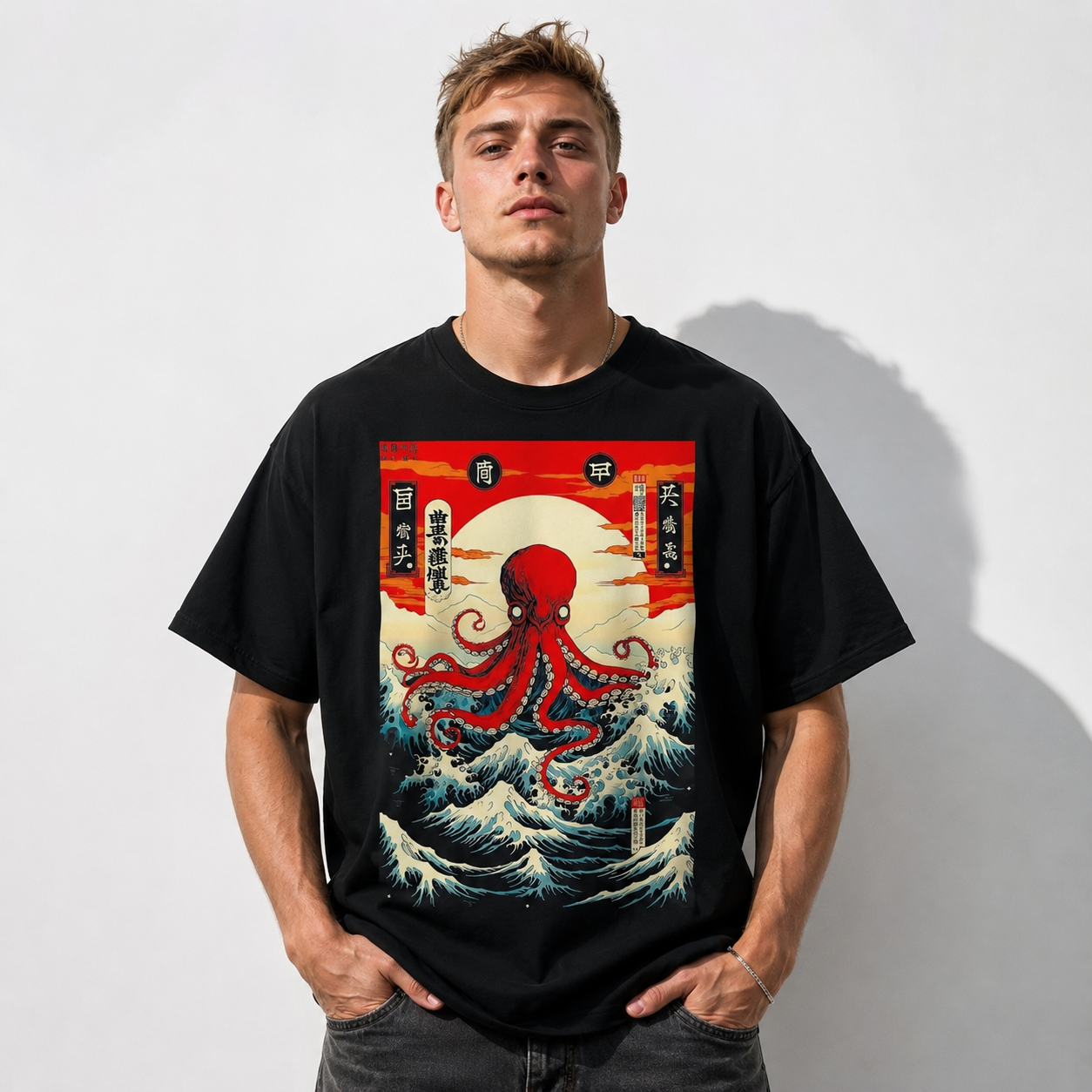 Japanese Octopus Wave Sun T Shirt Anime Style Graphic Travel Casual Tee