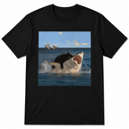 Men's Funny Cat Riding Shark Graphic T-Shirt Ocean Animal Tee