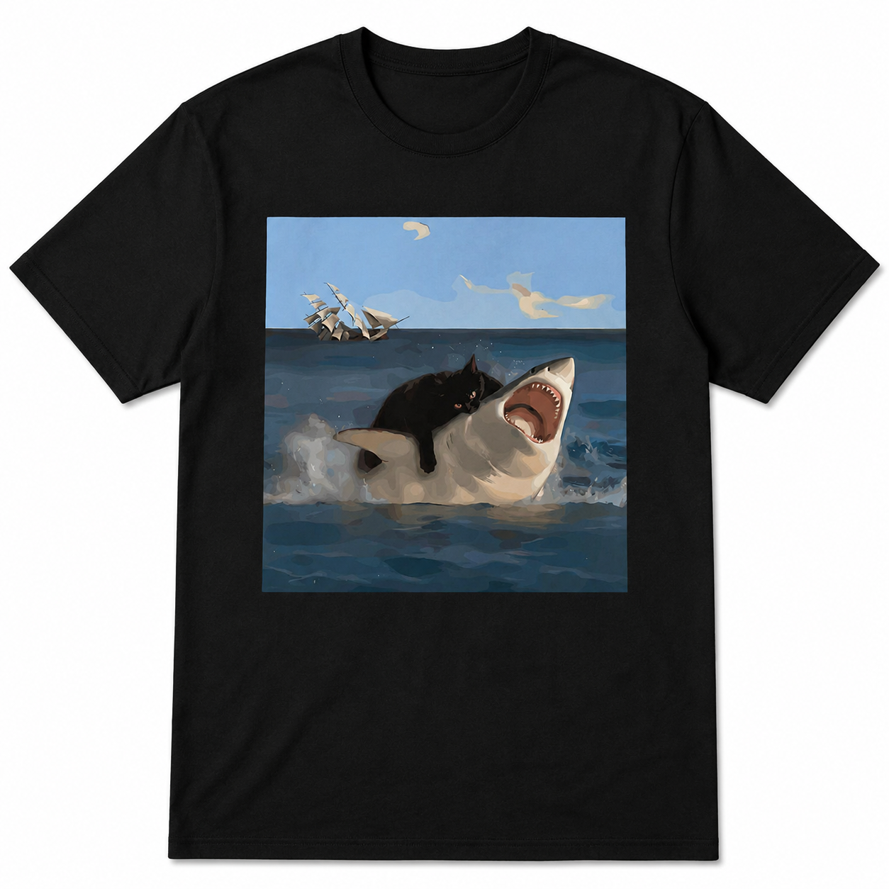 Men's Funny Cat Riding Shark Graphic T-Shirt Ocean Animal Tee