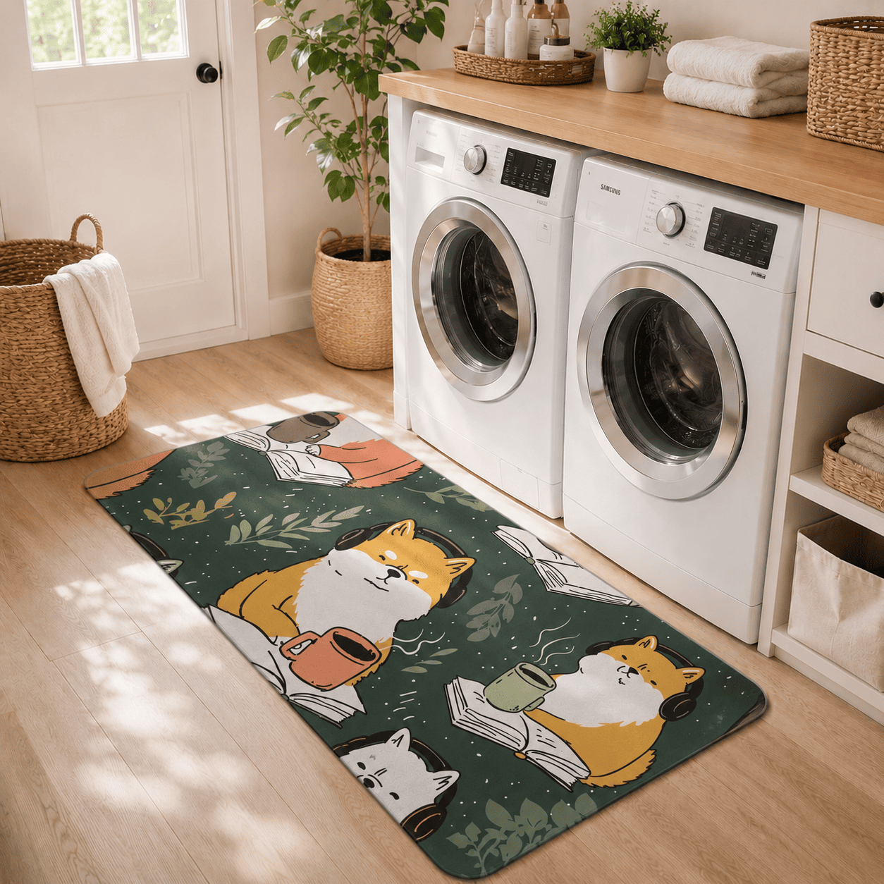 Shiba Inu Bath Mat Quick Dry Super Absorbent Non Slip Kawaii Botanical Design
