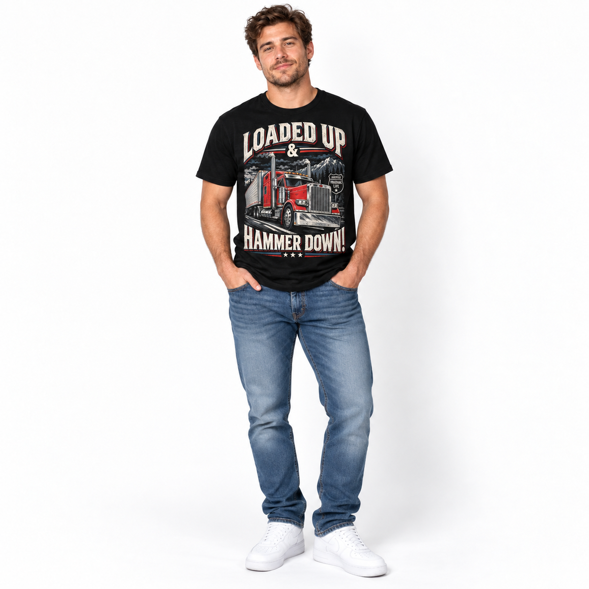 Loaded Up Hammer Down American Trucking Life Semi Truck Men's T-Shirt