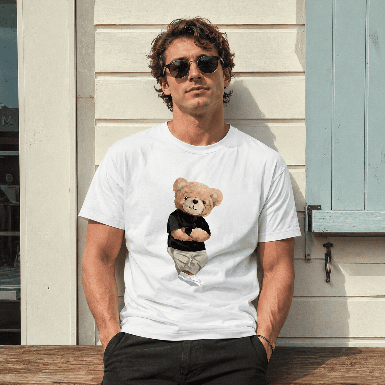 Cute Teddy Bear Graphic T-Shirt Men Funny Cartoon Casual Street Tee