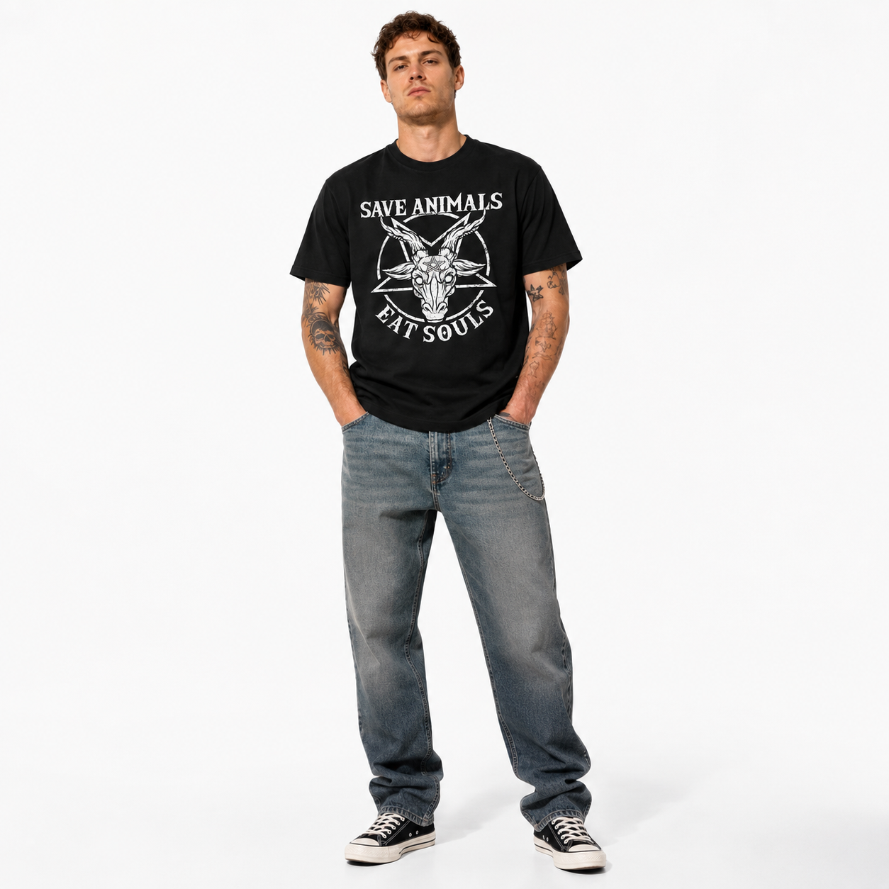 Save Animals Eat Souls Funny Goat Occult Dark Humor Gothic Men's T-Shirt