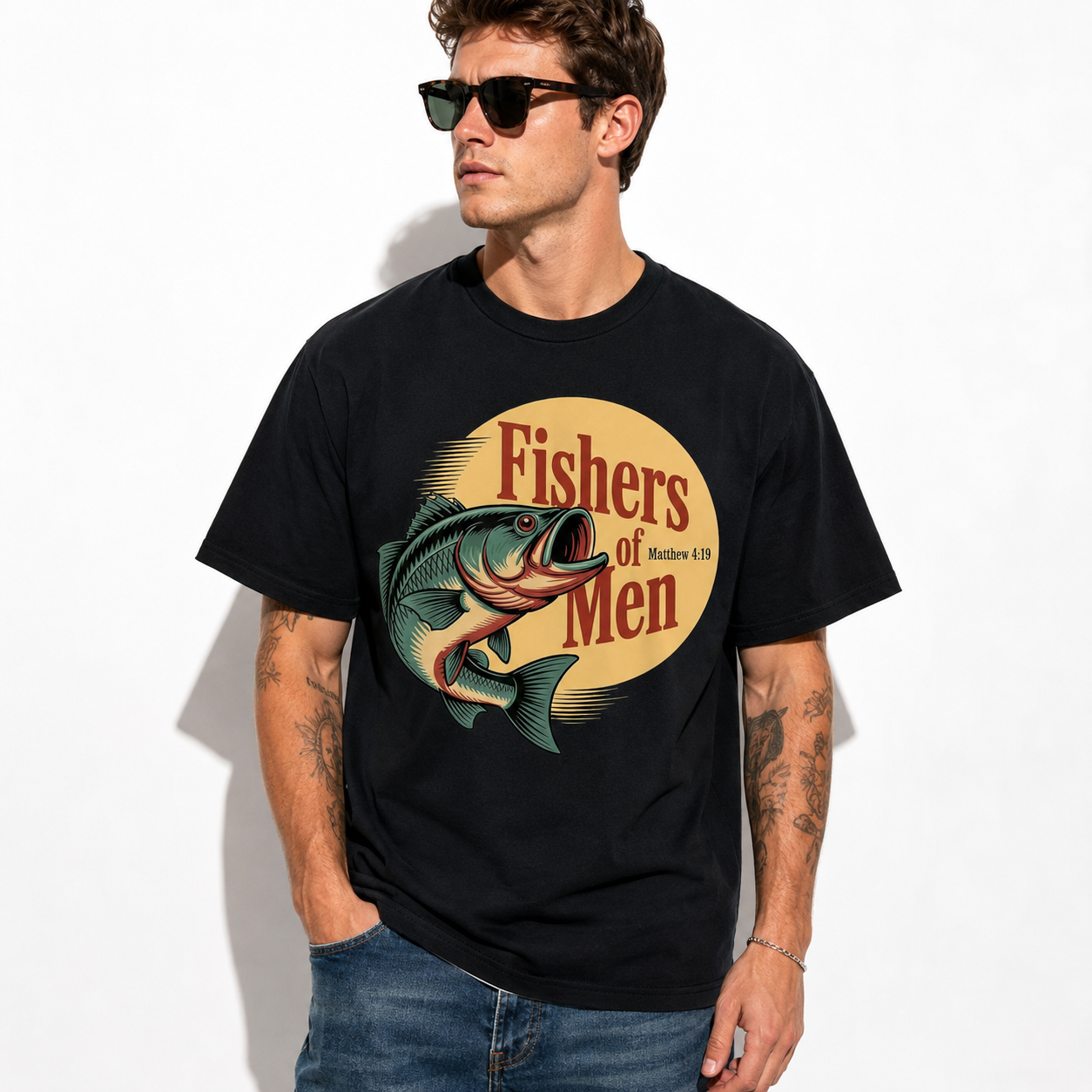 Fishers of Men Matthew 4:19 Bass Fishing T Shirt Christian Graphic Tee Gift