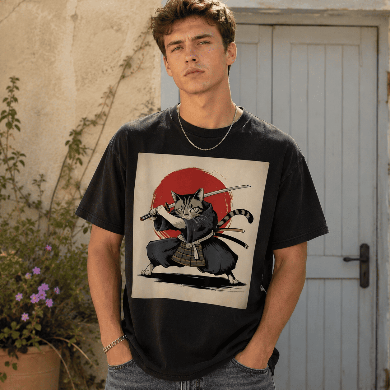 Samurai Cat T Shirt Vintage Ukiyo E Funny Warrior Cat Japanese Graphic Tee