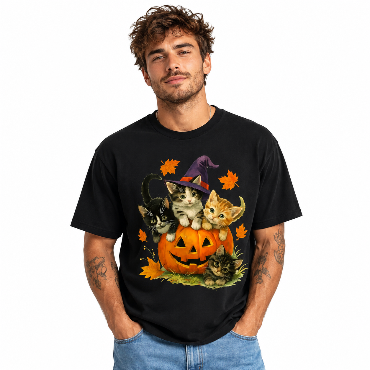 Cute Cats Pumpkin Witch Halloween Kitten Spooky Fall Graphic Men's T-Shirt