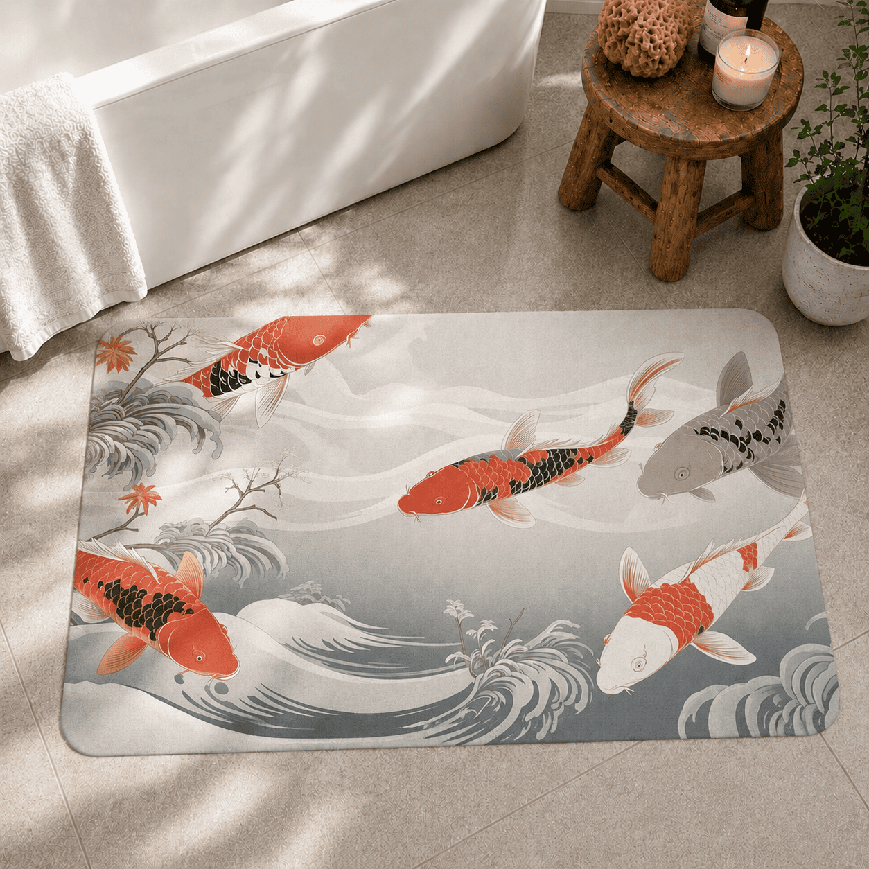 Koi Fish Bath Rug Quick Dry Super Absorbent Non Slip Asian Inspired Decor