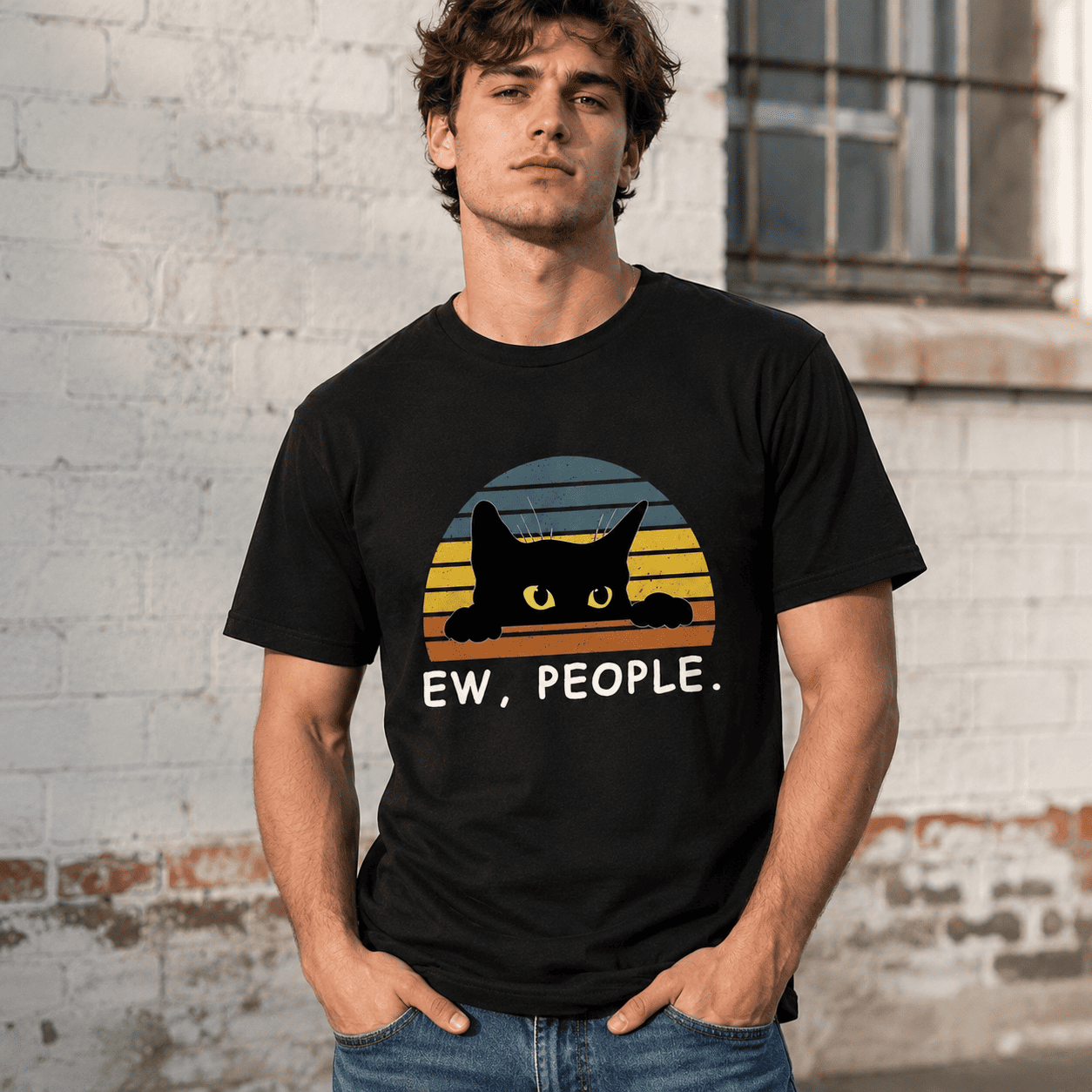 Ew People Shirt - Funny Black Cat Graphic Tee - Retro Sunset Introvert Gift