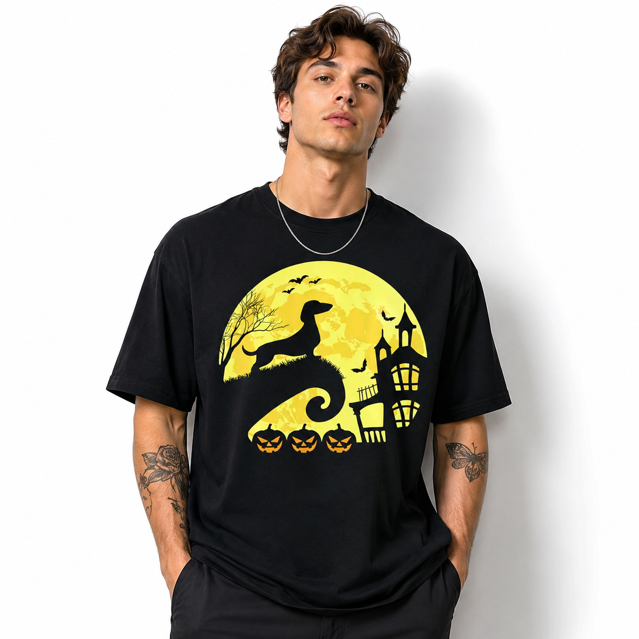 Dachshund Witch Moon Haunted House Halloween Dog Graphic Men's T-Shirt