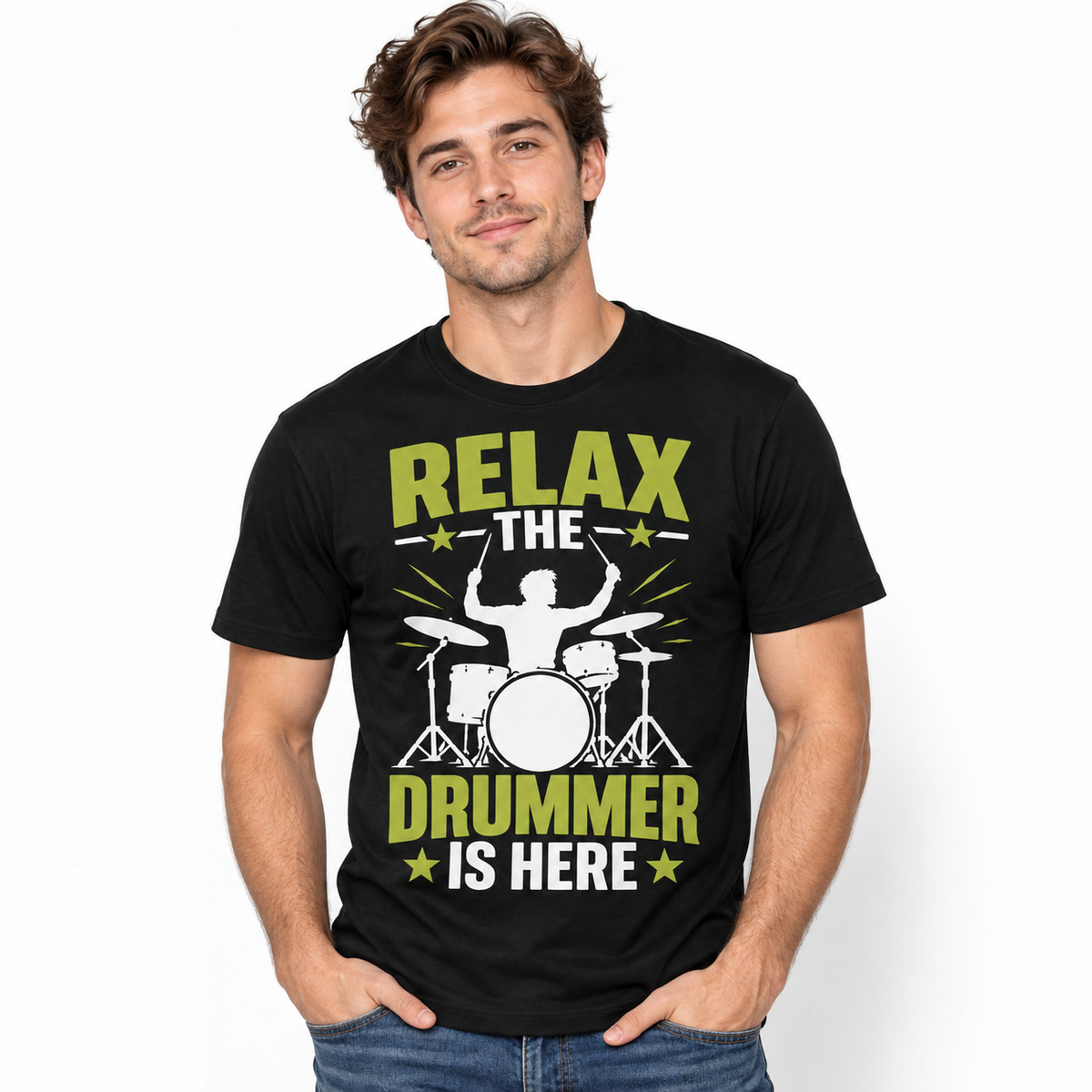 Relax The Drummer Is Here Funny Drumming Music Graphic Men's T-Shirt