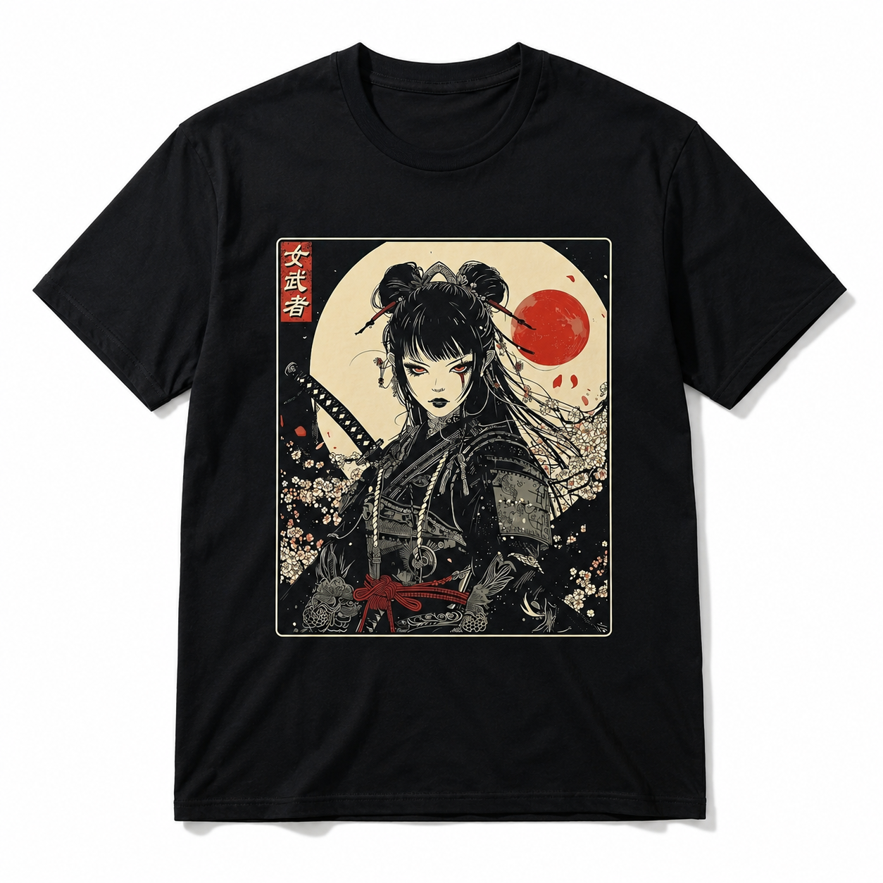 Japanese Gothic Samurai Woman Katana Graphic T-Shirt Dark Anime Style Tee