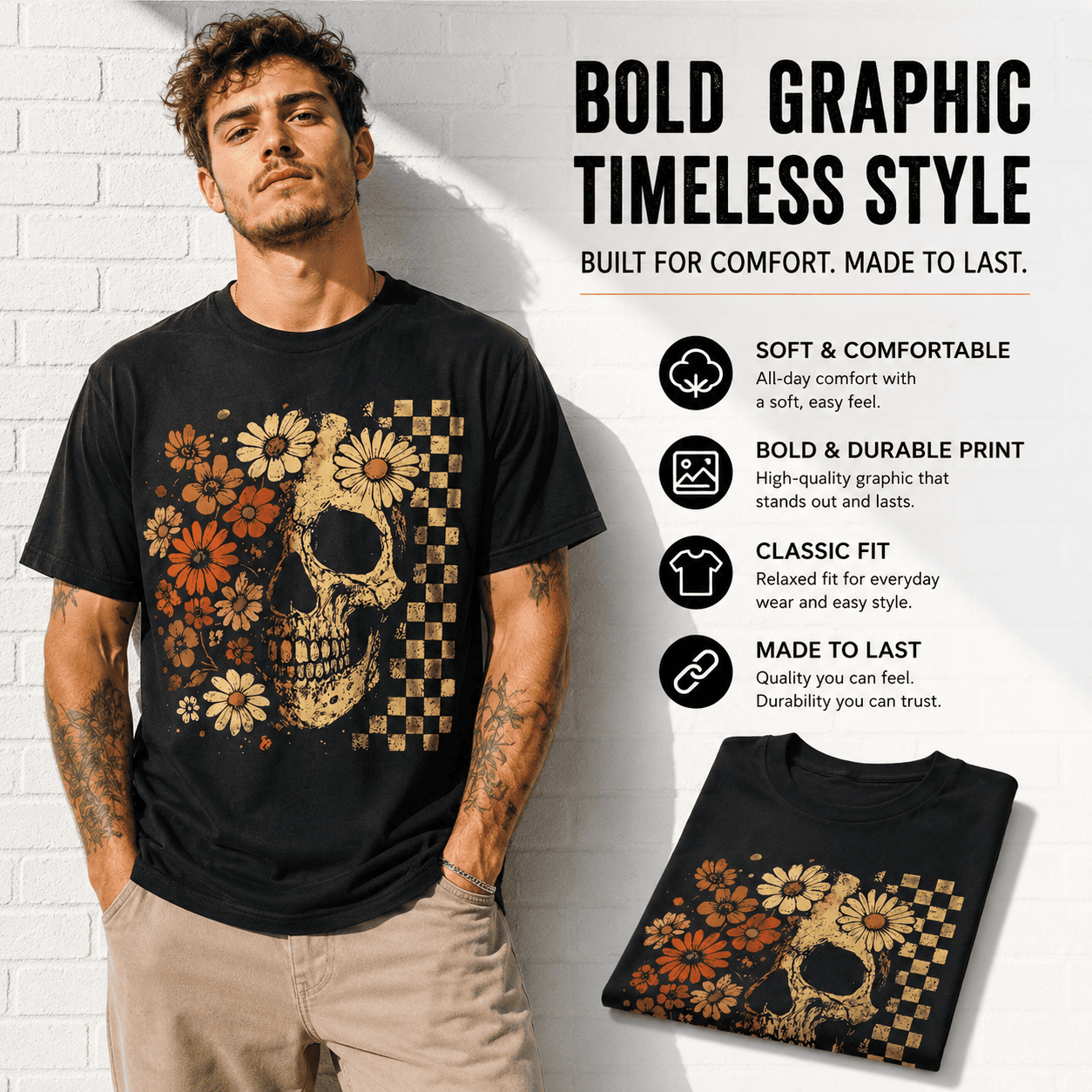Floral Skull Retro Checkered Gothic Halloween Graphic Men's T-Shirt