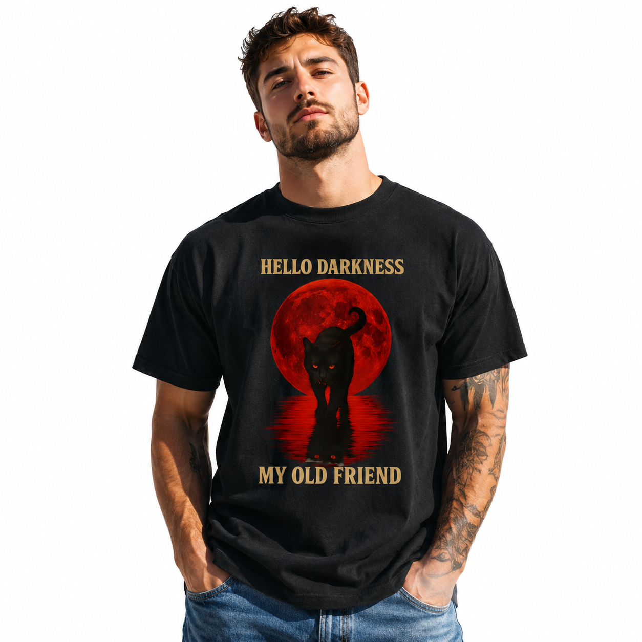 Hello Darkness My Old Friend Black Cat Blood Moon Gothic Men's T-Shirt