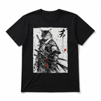 Samurai Cat Ukiyo-E Graphic T-Shirt Japanese Warrior Ink Art Streetwear Tee