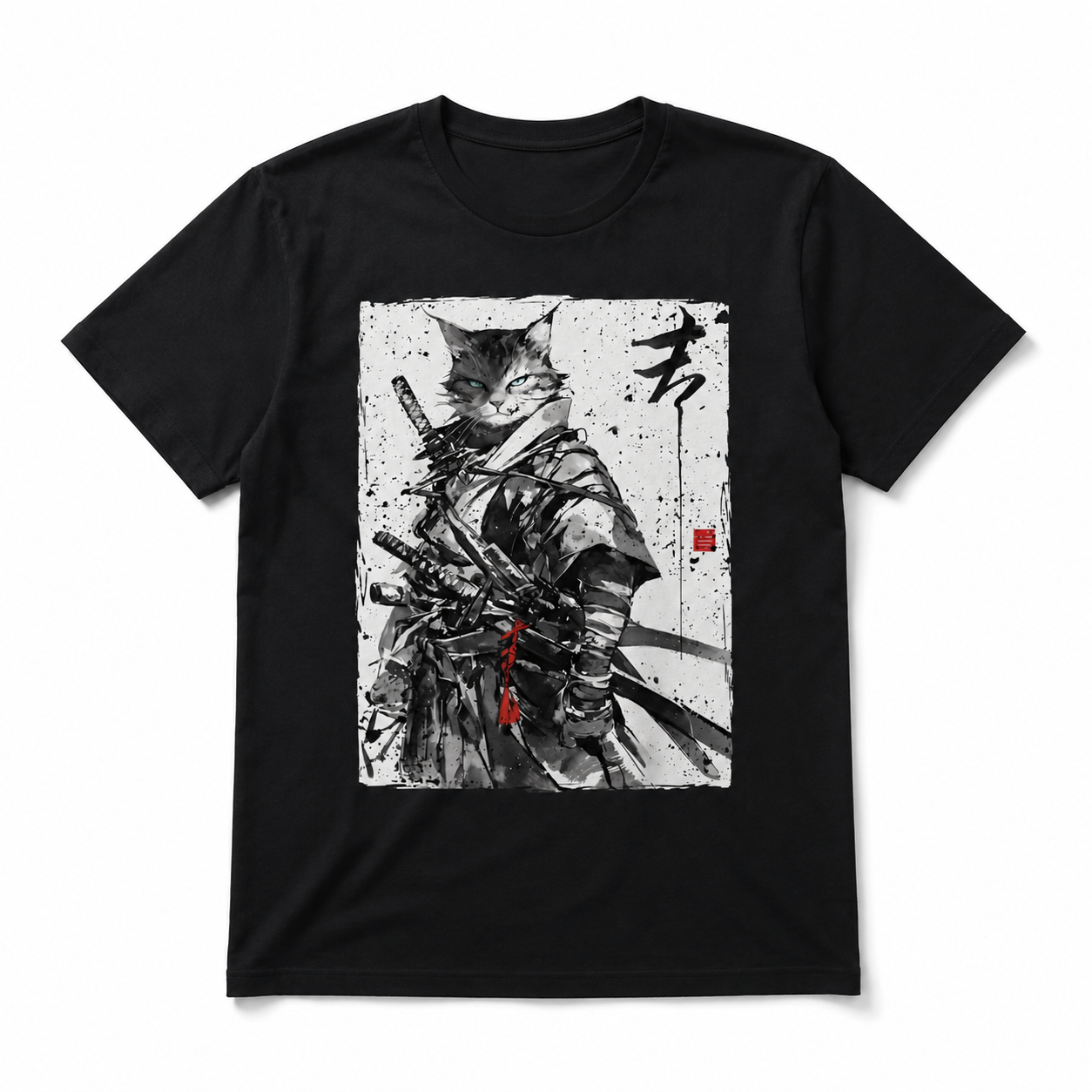 Samurai Cat Ukiyo-E Graphic T-Shirt Japanese Warrior Ink Art Streetwear Tee