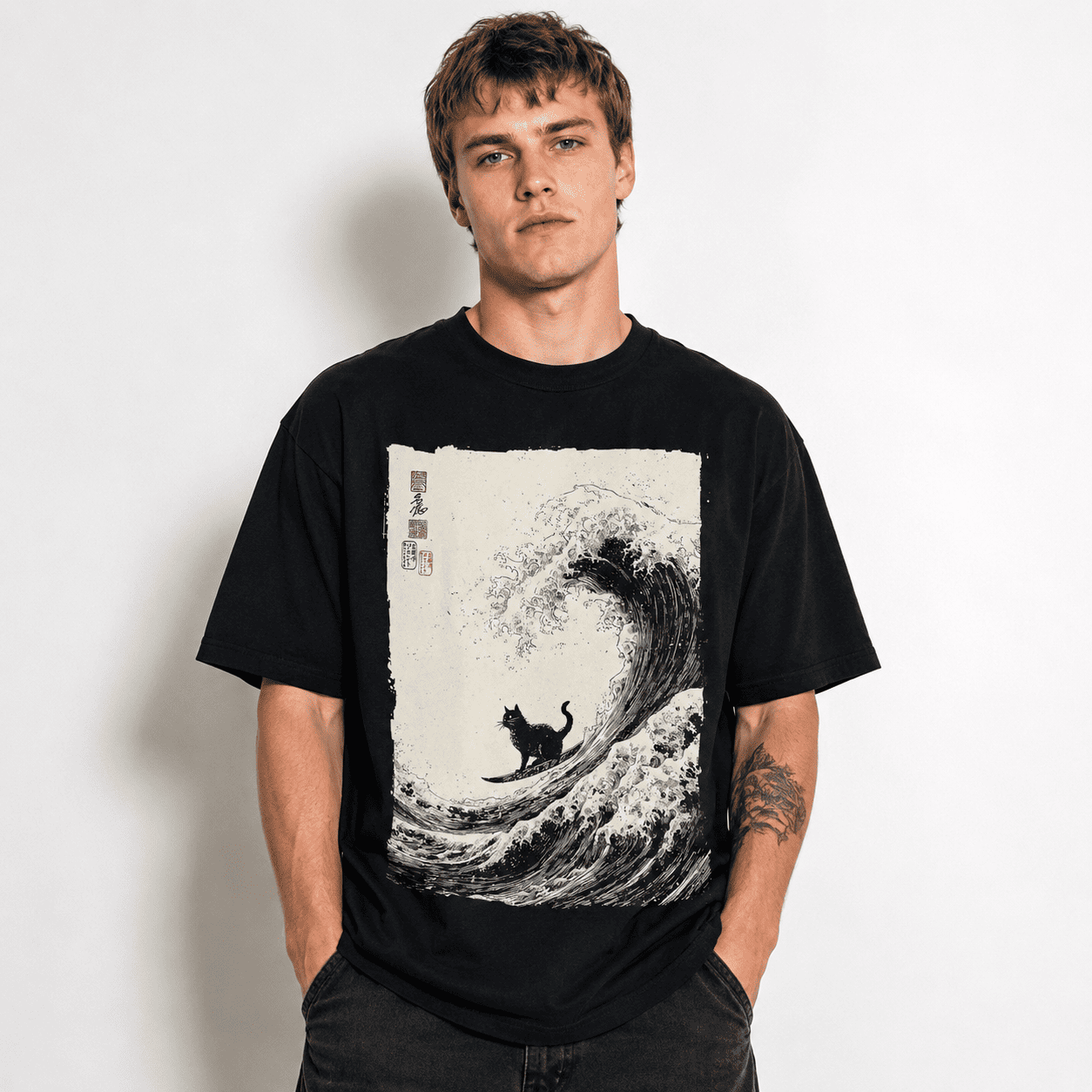 Funny Surfing Cat Great Wave Japanese Ukiyoe Art Graphic T Shirt Retro Tee