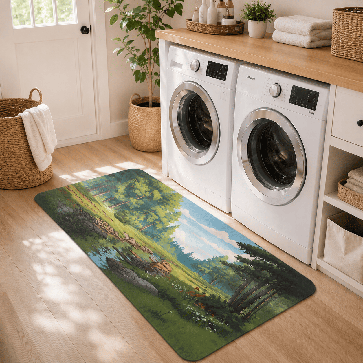Scenic Forest Laundry Room Mat Quick Dry Super Absorbent Non Slip Nature Decor