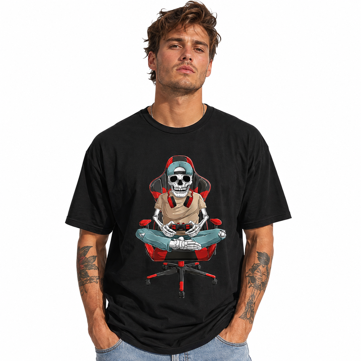 Skeleton Gamer Gaming Chair Funny Video Game Halloween Men's T-Shirt