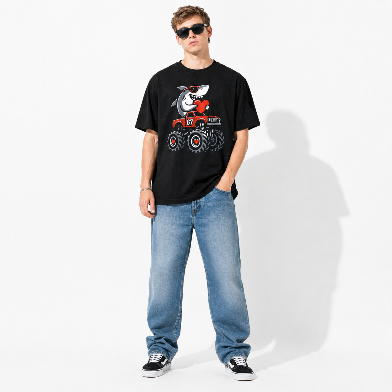 Funny Valentine's Day 67 Shark Hearts Truck Meme Graphic T-Shirt for Men