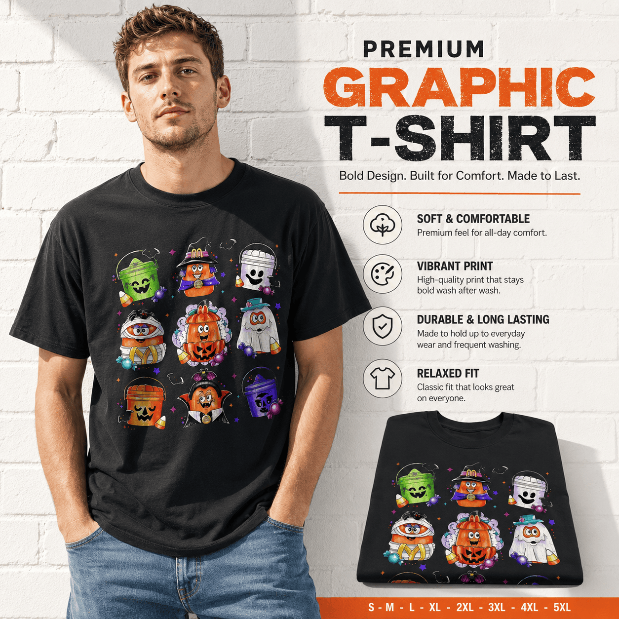 Cute Halloween Candy Characters Pumpkin Ghost Spooky Graphic Men's T-Shirt