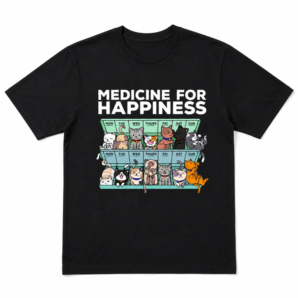 Cute Cat Graphic T-Shirt Medicine for Happiness Funny Cat Lover Tee Casual Shirt