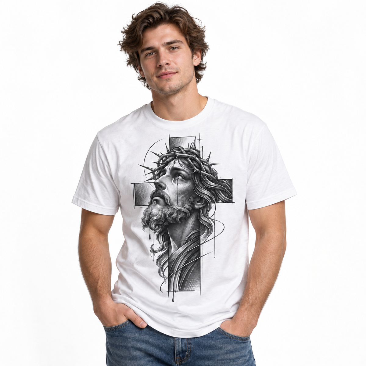Jesus Crown of Thorns Cross Christian Faith Sketch Men's T-Shirt