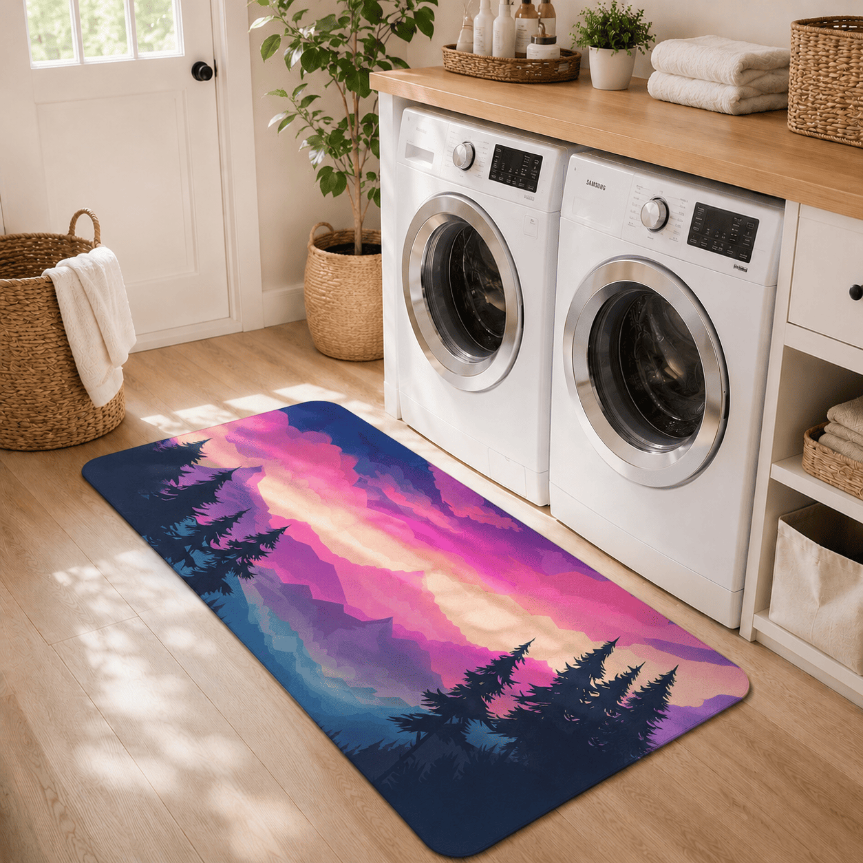 Mountain Sunset Laundry Room Mat Quick Dry Super Absorbent Non Slip Nature Decor