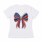 Patriotic Sequin Bow Graphic Tee - USA Flag Coquette Aesthetic T-Shirt