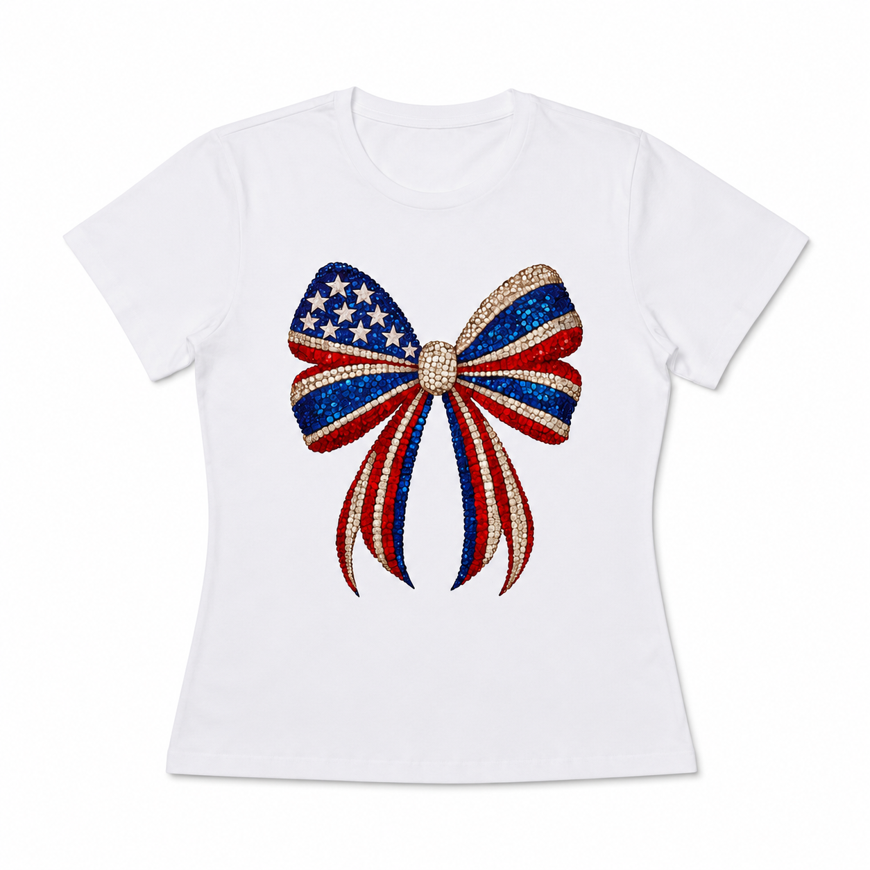 Patriotic Sequin Bow Graphic Tee - USA Flag Coquette Aesthetic T-Shirt