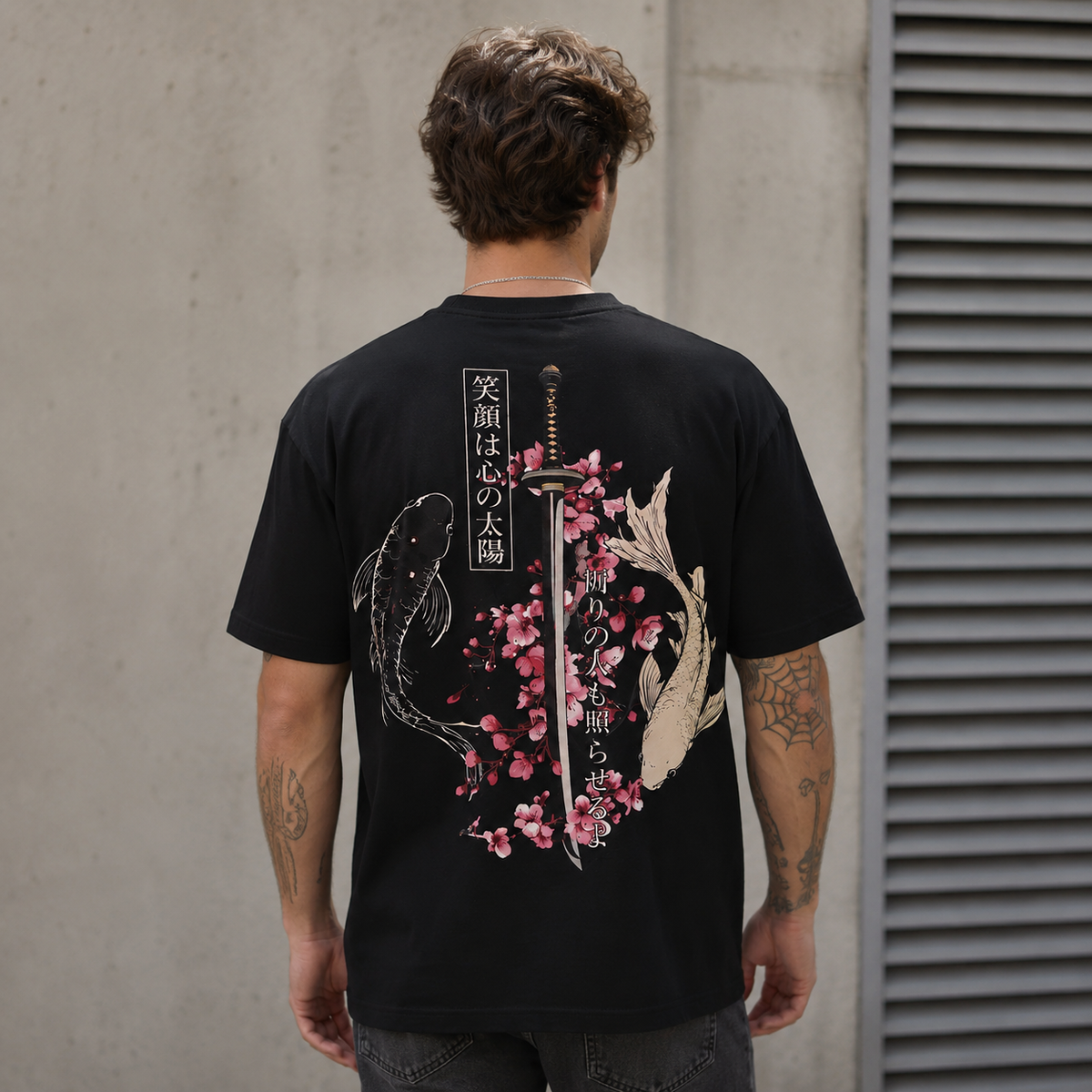 Japanese Koi Fish Samurai Sword T-Shirt Sakura Cherry Blossom Graphic Tee