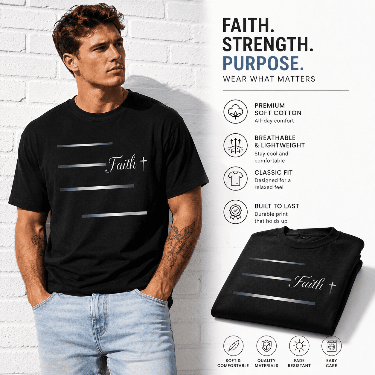 Faith Cross Christian Graphic T-Shirt Minimalist Religious Tee for Men