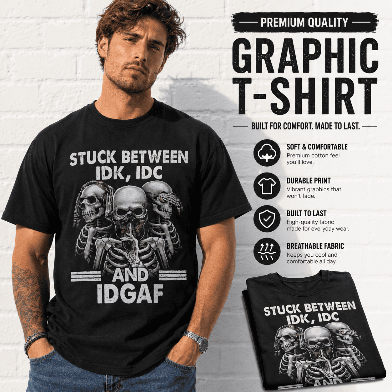 Stuck Between IDK IDC and IDGAF Skeleton Funny Graphic Men's T-Shirt