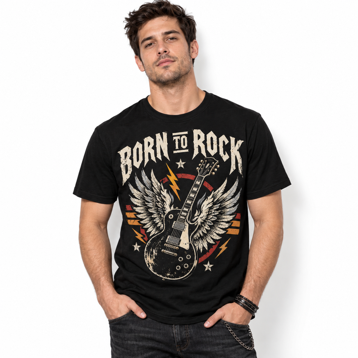 Born to Rock Winged Guitar Vintage Rock Music Graphic Men's T-Shirt